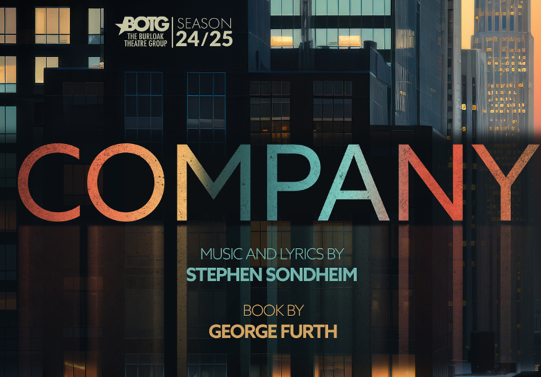 Promotional Graphic for Company. Music and lyrics by Stephen Sondheim. Book by George Furth. Background image of office buildings in a city's downtown core.