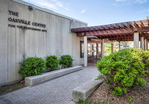 View of the front entrance to the Oakville Centre from outside.