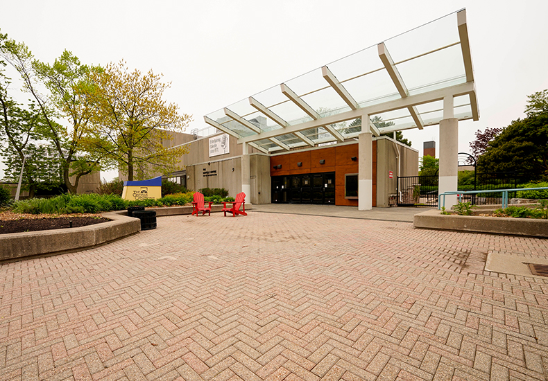 View of the front entrance awning and Oakville Centre for the Performing Arts sign.