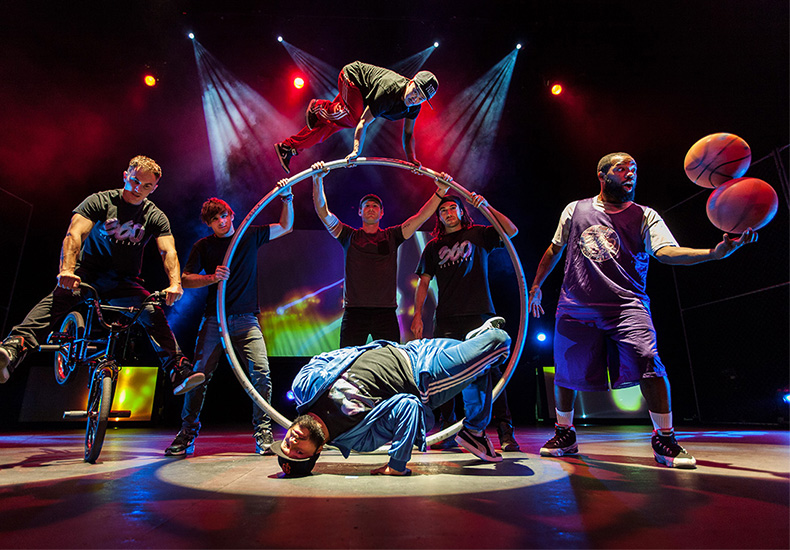 Promotional photo of the 360 ALLSTARS group breakdancing and performing acrobatic, BMX and basketball tricks.